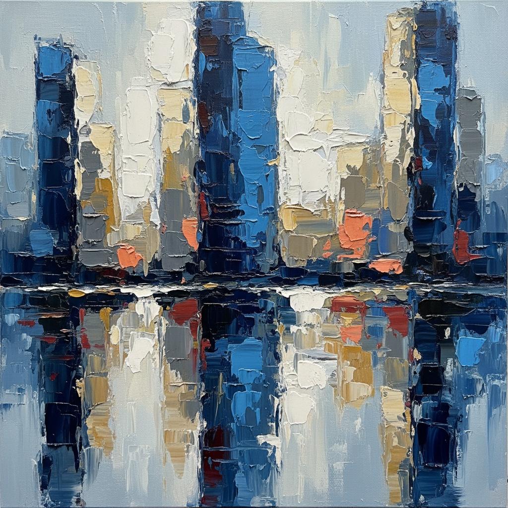 Monolithic Reflections In Blue: A Singular Study Of Urban Serenity And Impasto Light — Christian Noiret