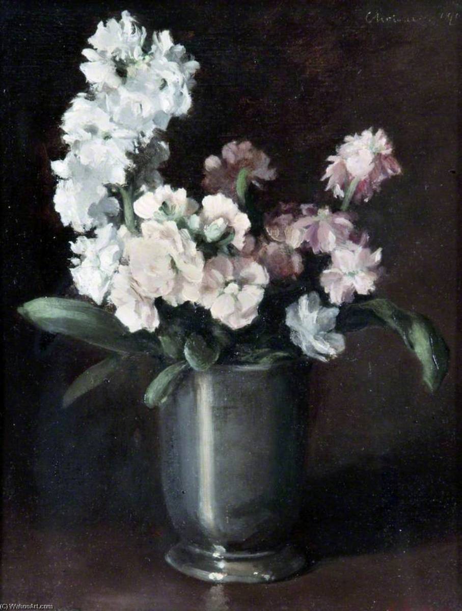 Pink And White Stocks In A Pewter Vase — Gerard Chowne
