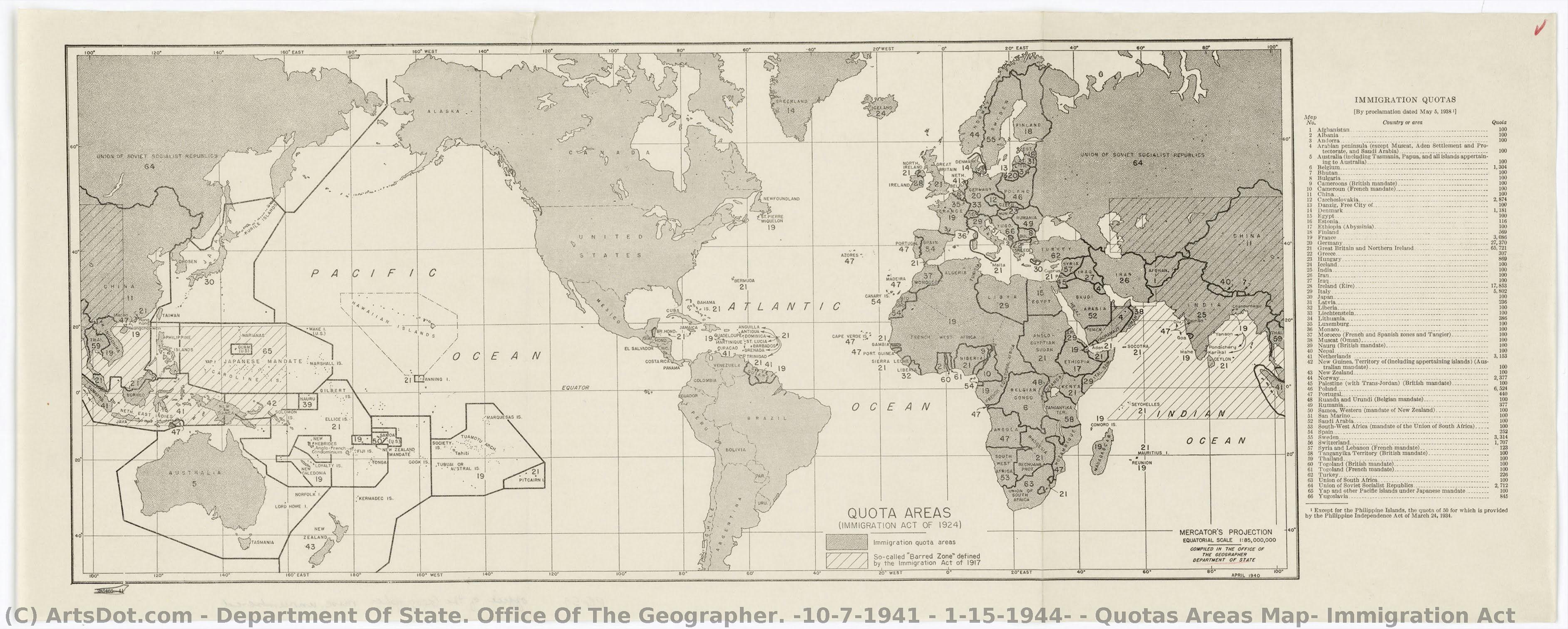 Quotas Areas Map, Immigration Act — Department Of State. Office Of The Geographer. (10/7/1941 - 1/15/1944)
