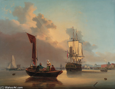 A Frigate At Anchor With Other Vessels In An Estuary — George Webster
