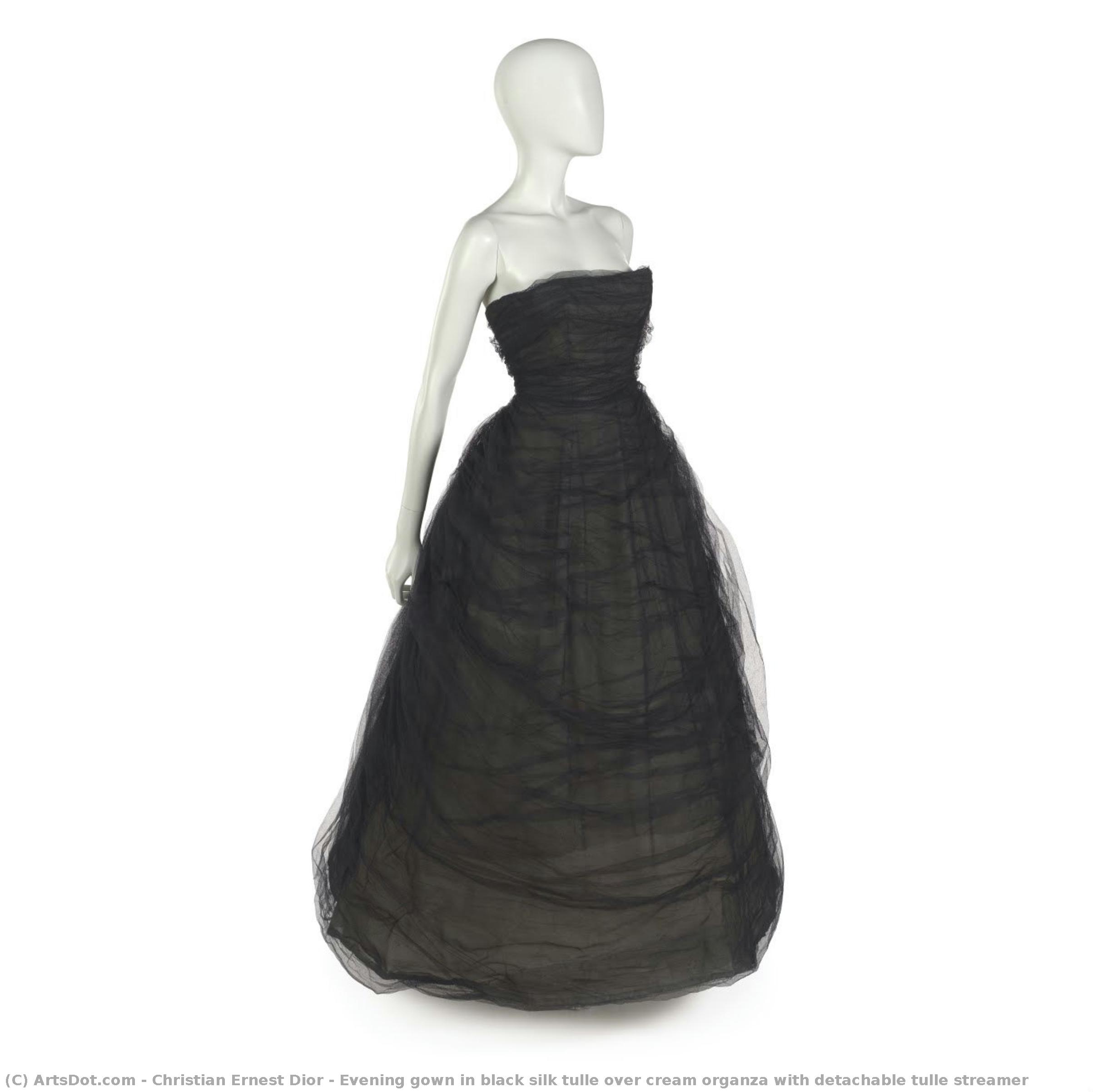 Evening Gown In Black Silk Tulle Over Cream Organza With Detachable Tulle Streamer — Christian Ernest Dior