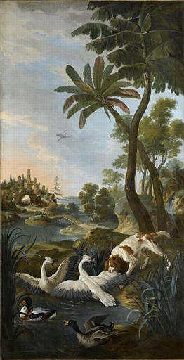 Paysage Avec Un Chien Attaquant Des Cygnes, Canard Colvert Et Tadorne De Belon — Christophe Huet
