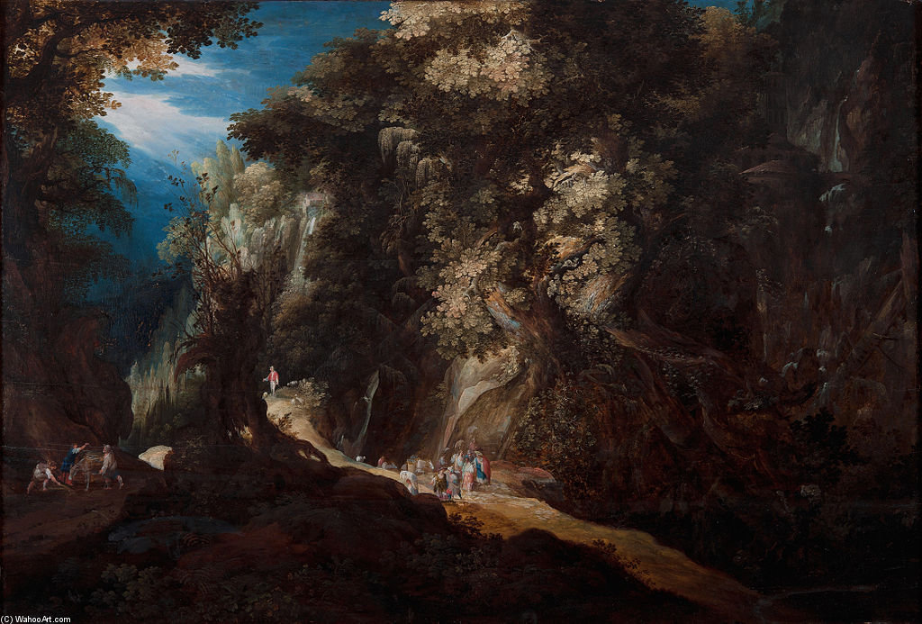Wooded Mountain Landscape With Waterfall And Travellers — Gijsbrecht Leytens