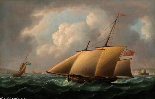 An Armed Naval Lugger Patrolling Off The Mouth Of The Tagus With The Belem Tower In The Far Distance Off Her Starboard Bow — Thomas Buttersworth