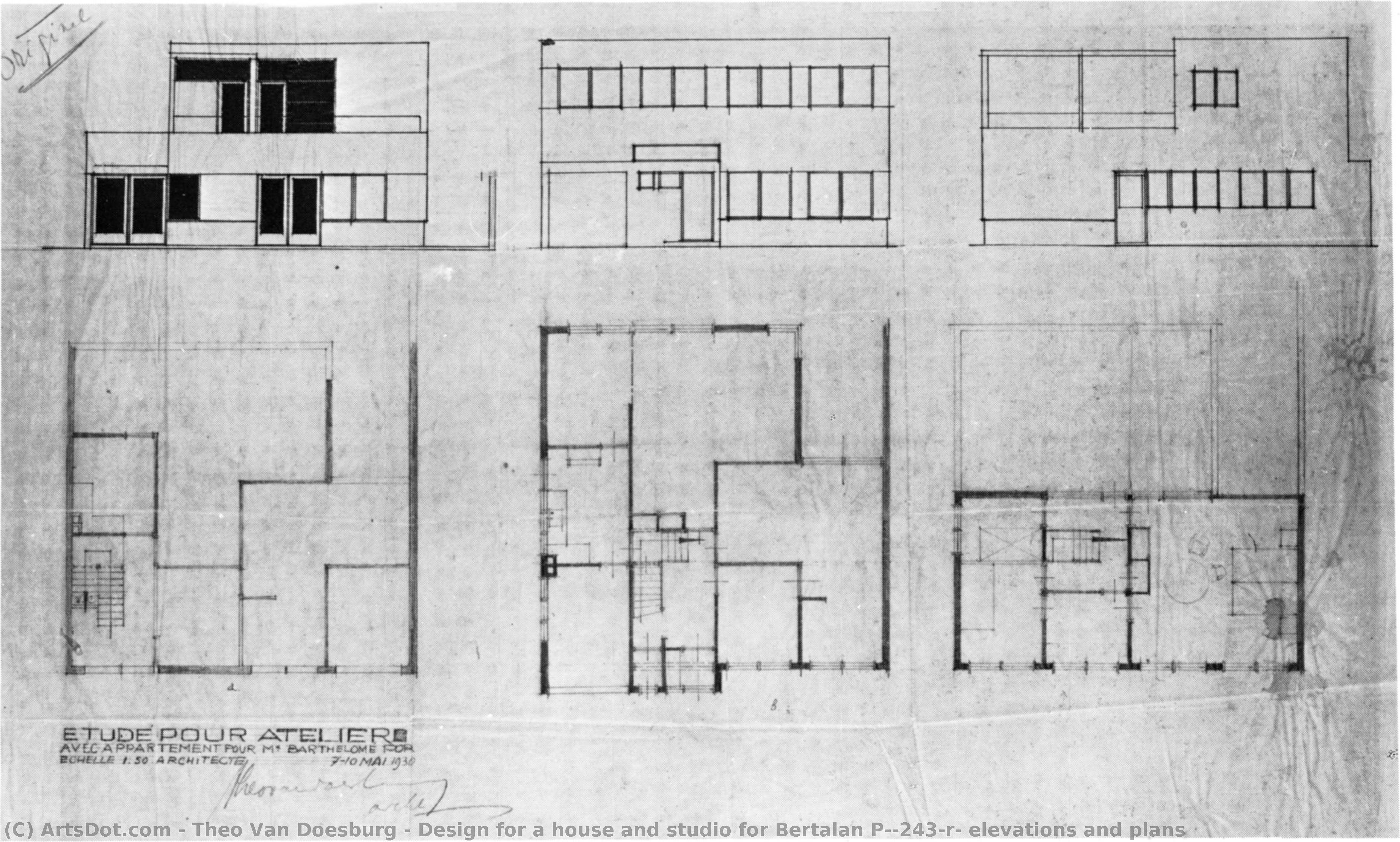 Design For A House And Studio For Bertalan Pór, Elevations And Plans — Theo Van Doesburg