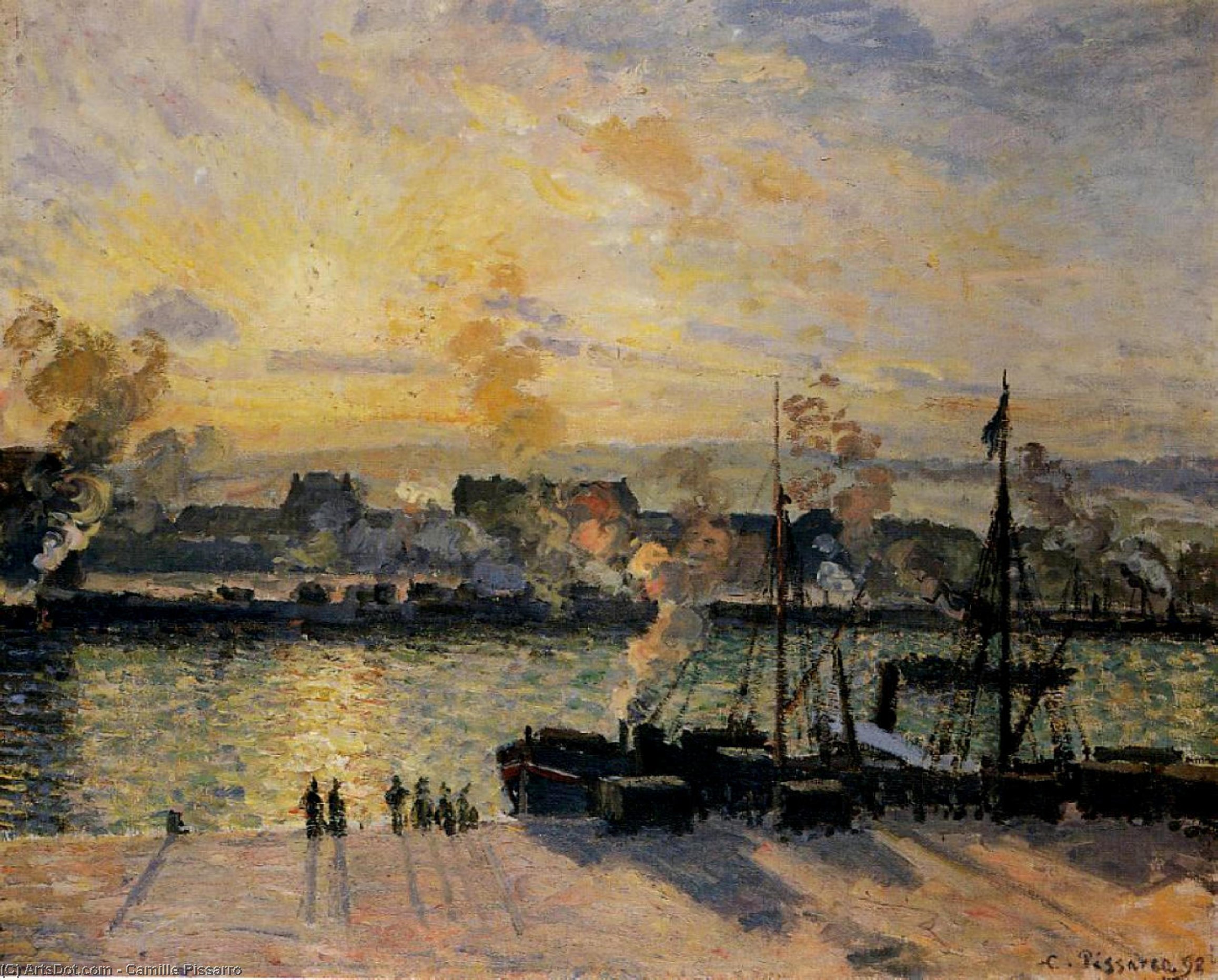 Atardecer, El Puerto De Ruan (también Conocido Como Barcos De Vapor) — Camille Pissarro