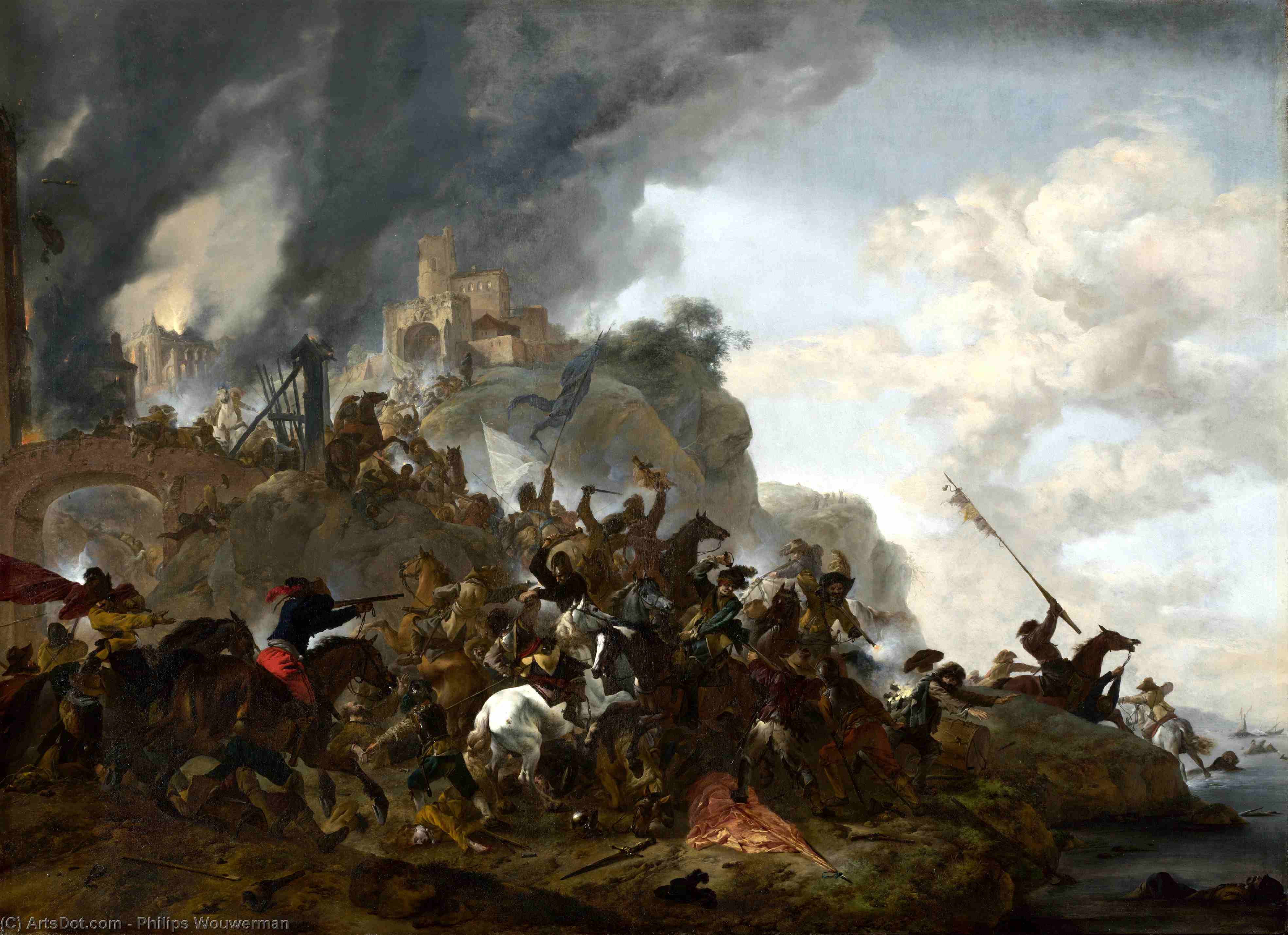Cavalry Making A Sortie From A Fort On A Hill — Philips Wouwermans