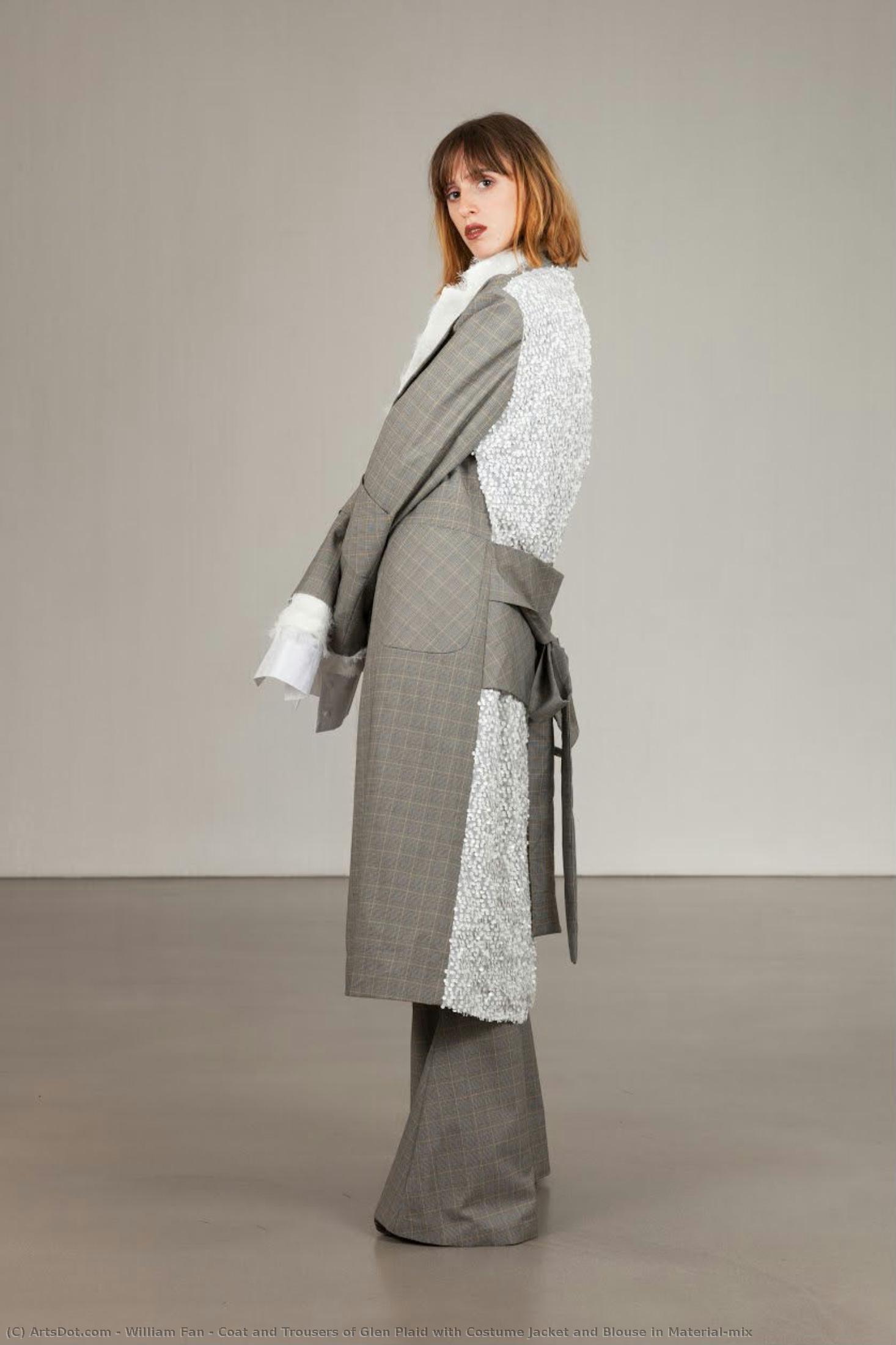 Coat And Trousers Of Glen Plaid With Costume Jacket And Blouse In Material-mix — William Fan