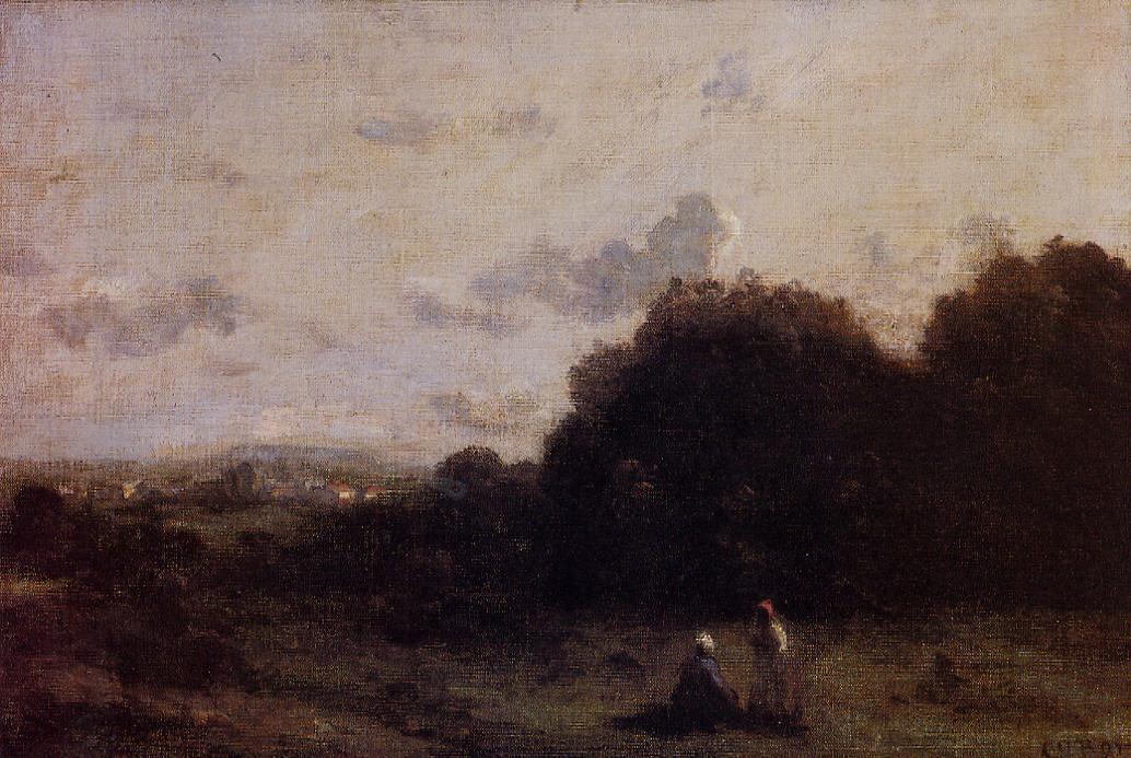 Fields With A Village On The Horizon, Two Figures In The Foreground — Jean-baptiste-camille Corot