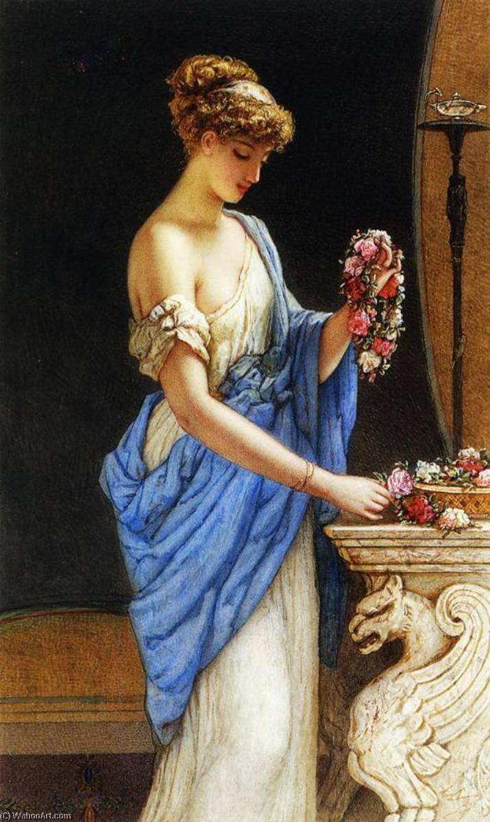 A Girl In Classical Dress Arranging A Garland Of Flowers — James Sant