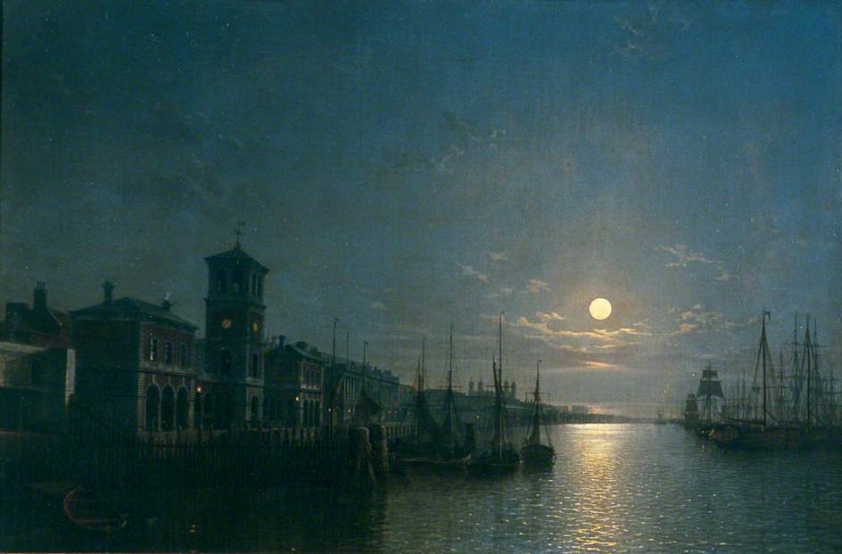 The Pool Of London, Billingsgate To The Tower, Moonlight — Henry Pether