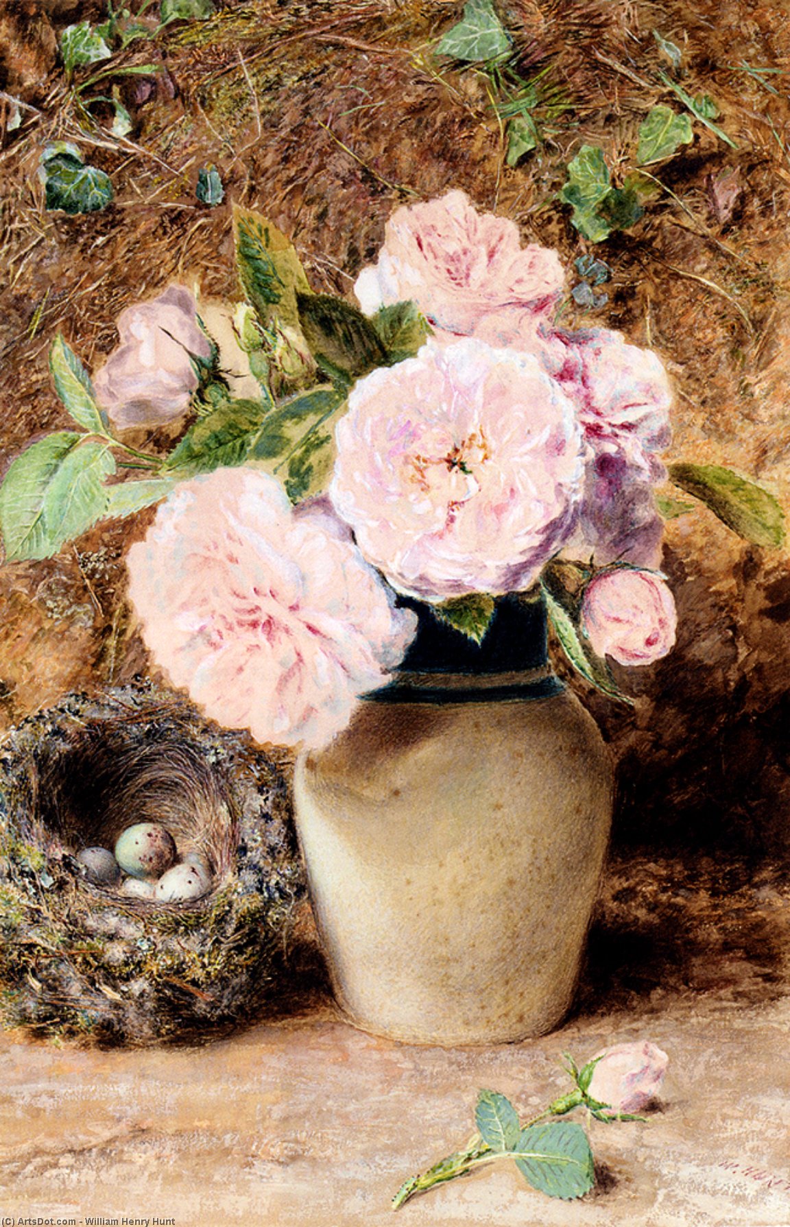 Still Life With Roses In A Vase And A Birds Nest — Vilijam Henri Hant