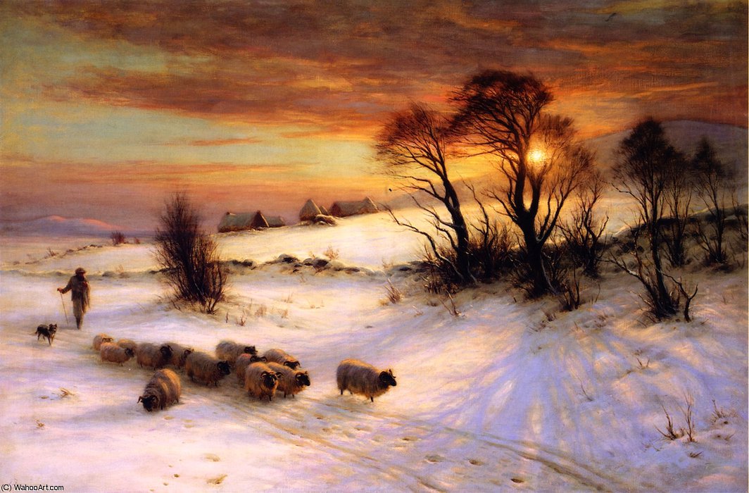 Herding Sheep In A Winter Landscape At Sunset — Džozef Farkuarson