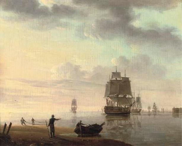 Men-o'war And Other Shipping In An Offshore Anchorage; And Running Inshore In A Gale — Johannes Hermann Barend Koekkoek