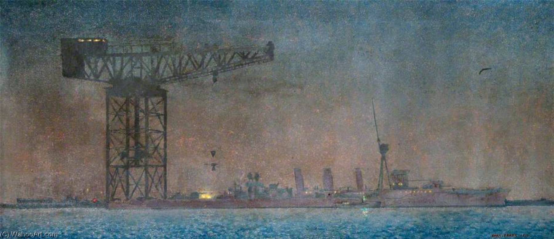 A Big Crane At Rosyth Placing A Gun On A Light Cruiser At Night — Charles Pears