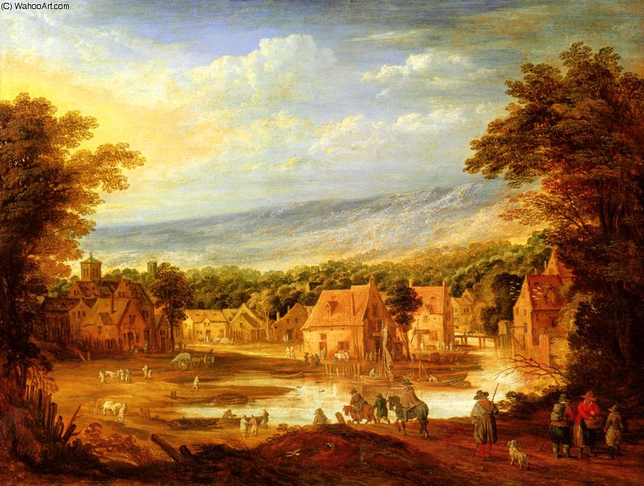 An Extensive River Landscape With Travellers Approaching A Village — Joos De Momper The Younger