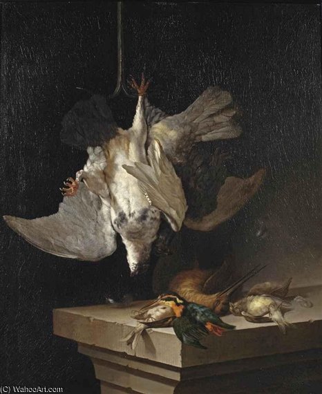 Two Partridges Hanging, With A Kingfisher, Woodcock And Other Birds On A Stone Ledge — Cornelis Van Lelienbergh