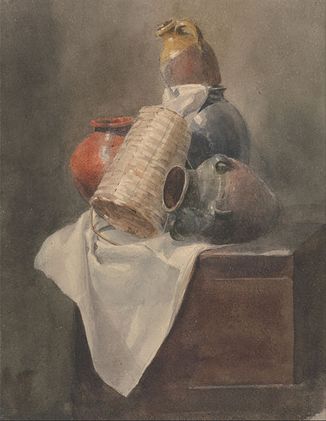 Still Life- Pots, Basket And Cloth On A Chest — Peter De Wint
