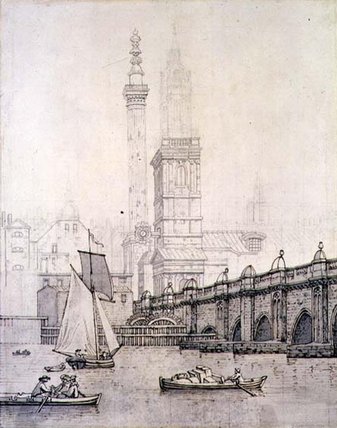 Old London Bridge And The Monument — Joseph Farington