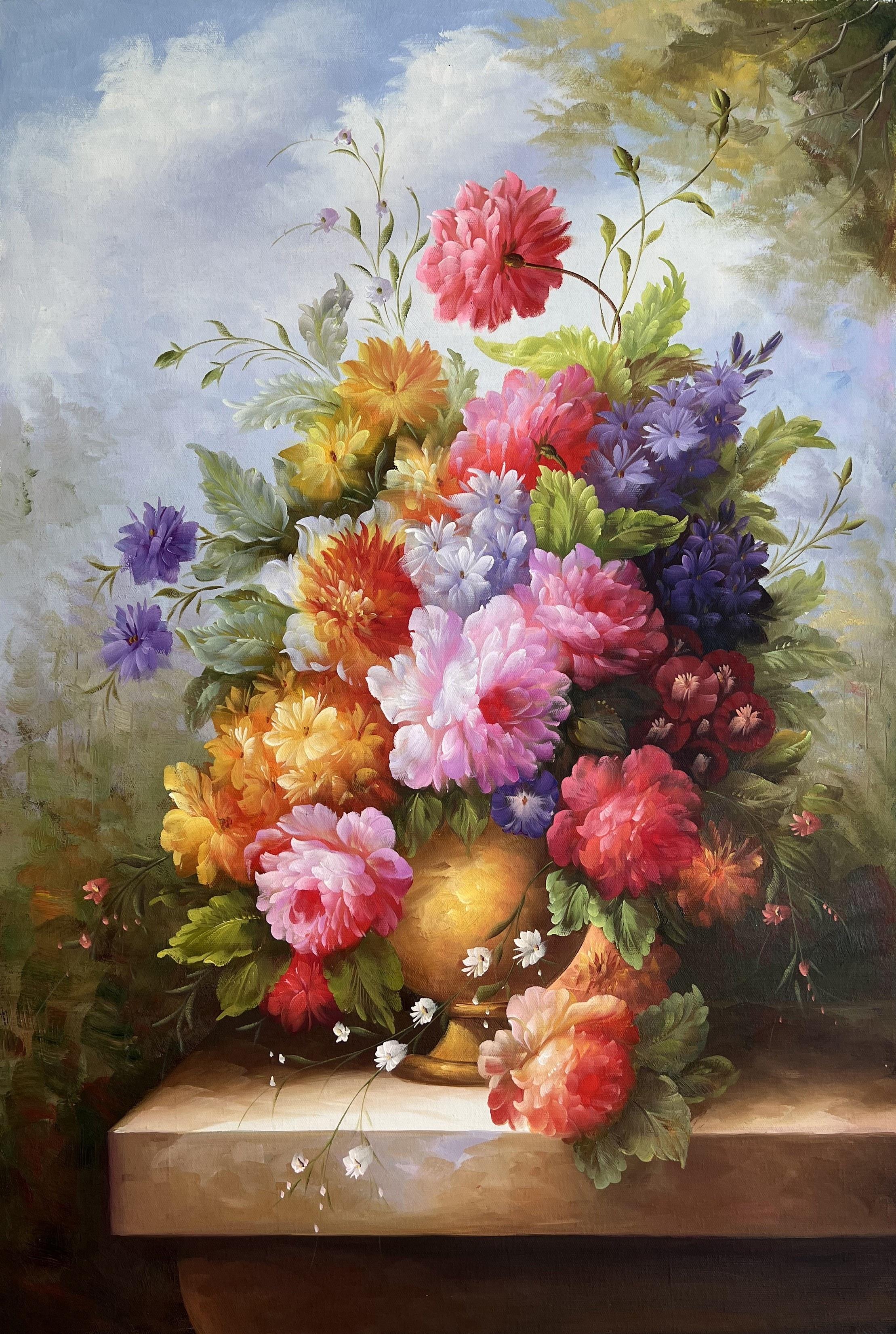Romantic Peonies And Wildflowers In Golden Vase