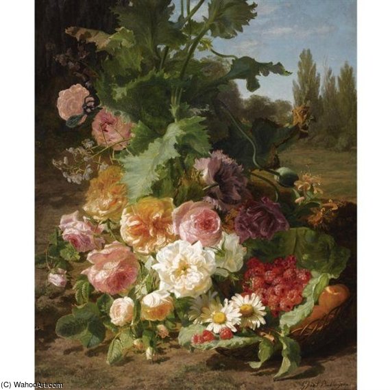 A Still Life With Roses, Daisies, Raspberries And Peaches In A Landscape — Geraldine Van De Sande Bakhuyzen