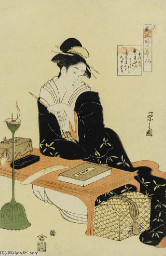 Portrait Of A Beauty Seated At A Desk — Chobunsai Eishi