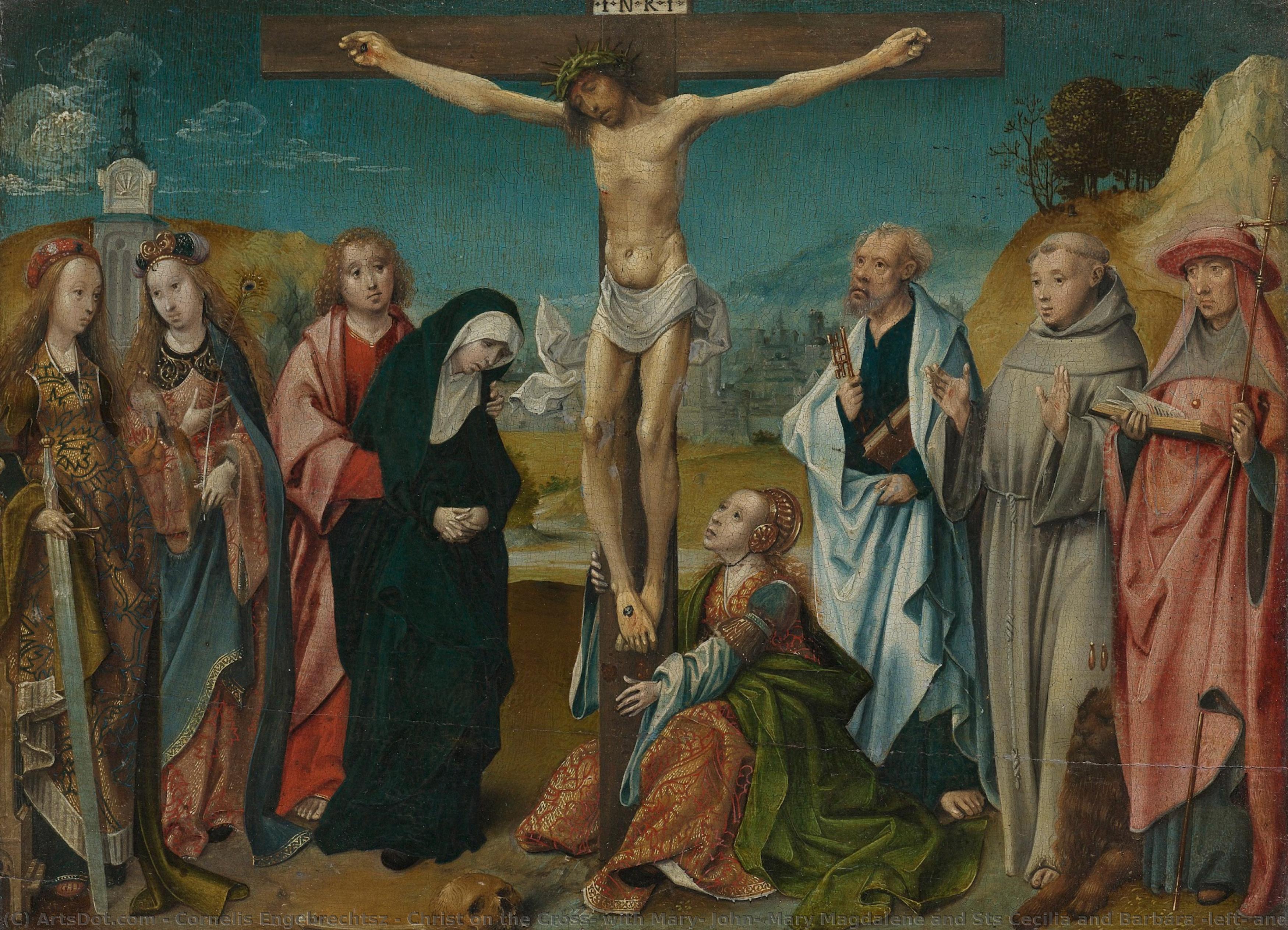 Christ On The Cross, With Mary, John, Mary Magdalene And Sts Cecilia And Barbara (left) And Peter, Francis And Jerome (right), Cornelis Engebrechtsz, C. 1505 - C. 1510 — Cornelis Engebrechtsz