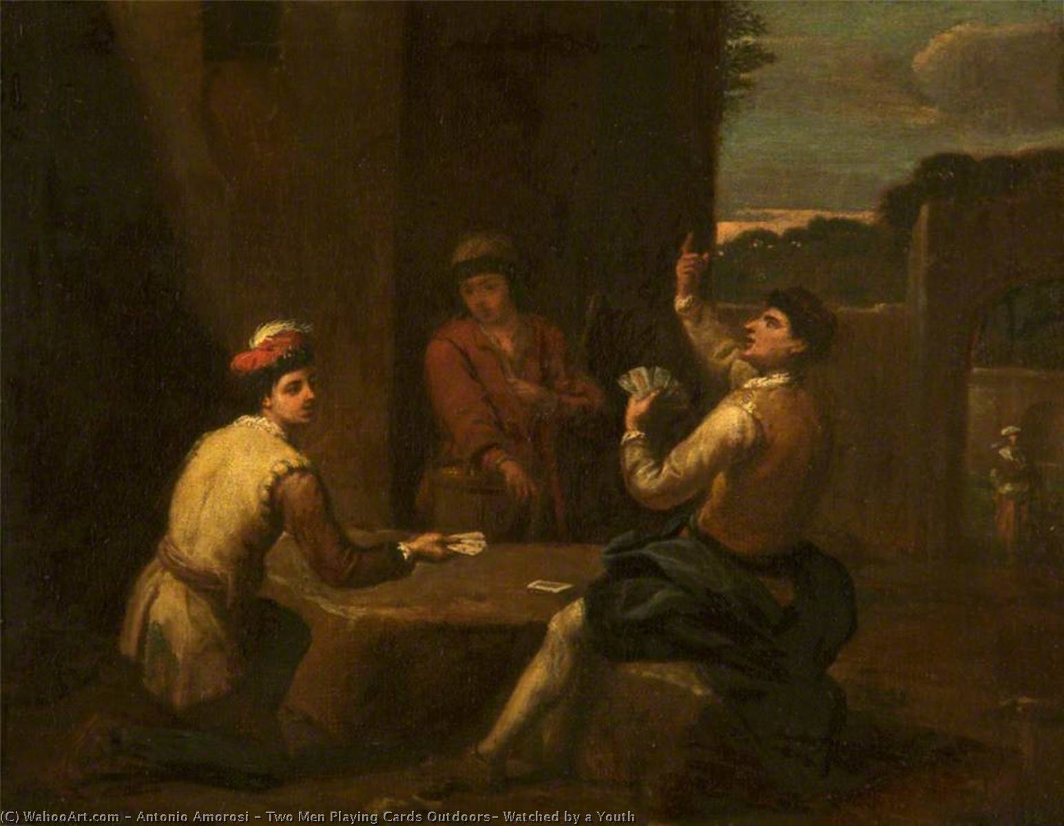 Two Men Playing Cards Outdoors, Watched By A Youth — Antonio Mercurio Amorosi