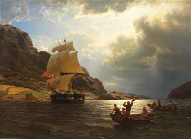 Norsk Bokmål Hjemvendende Hvalfangerskip I En Norsk Havn — Hans Fredrik Gude