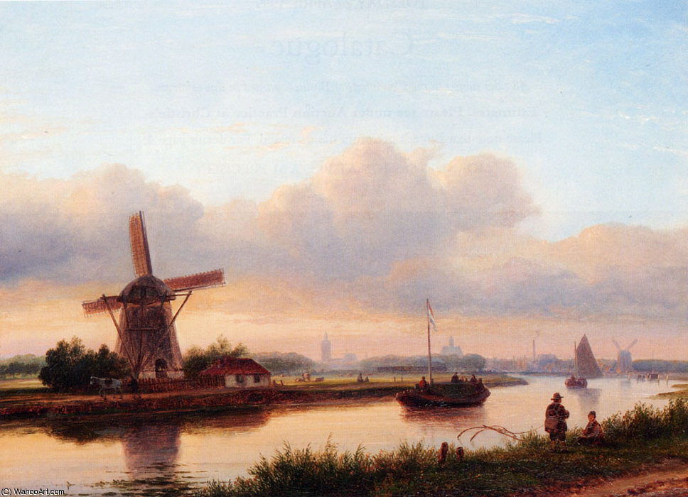 A Paroramic Summer Landscape With Barges On The Trekvliet — Lodewijk Johannes Kleijn