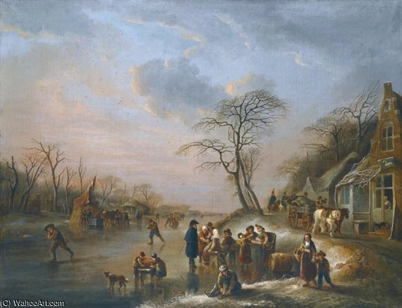 A Winter Landscape With Figures Seated Outside A Tavern On The Frozen River — Andries Vermeulen