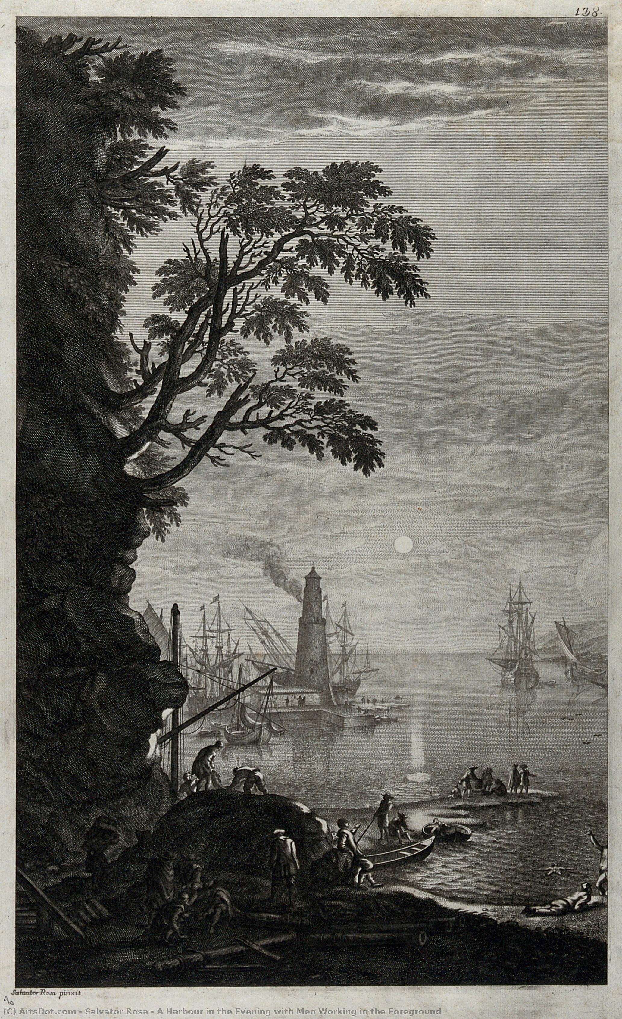 A Harbour In The Evening With Men Working In The Foreground — Salvator Rosa