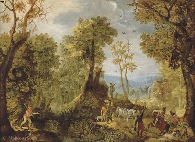 Hunters In A Wooded Landscape With A Village And An Extensive Landscape Beyond — Anthonie Mirou