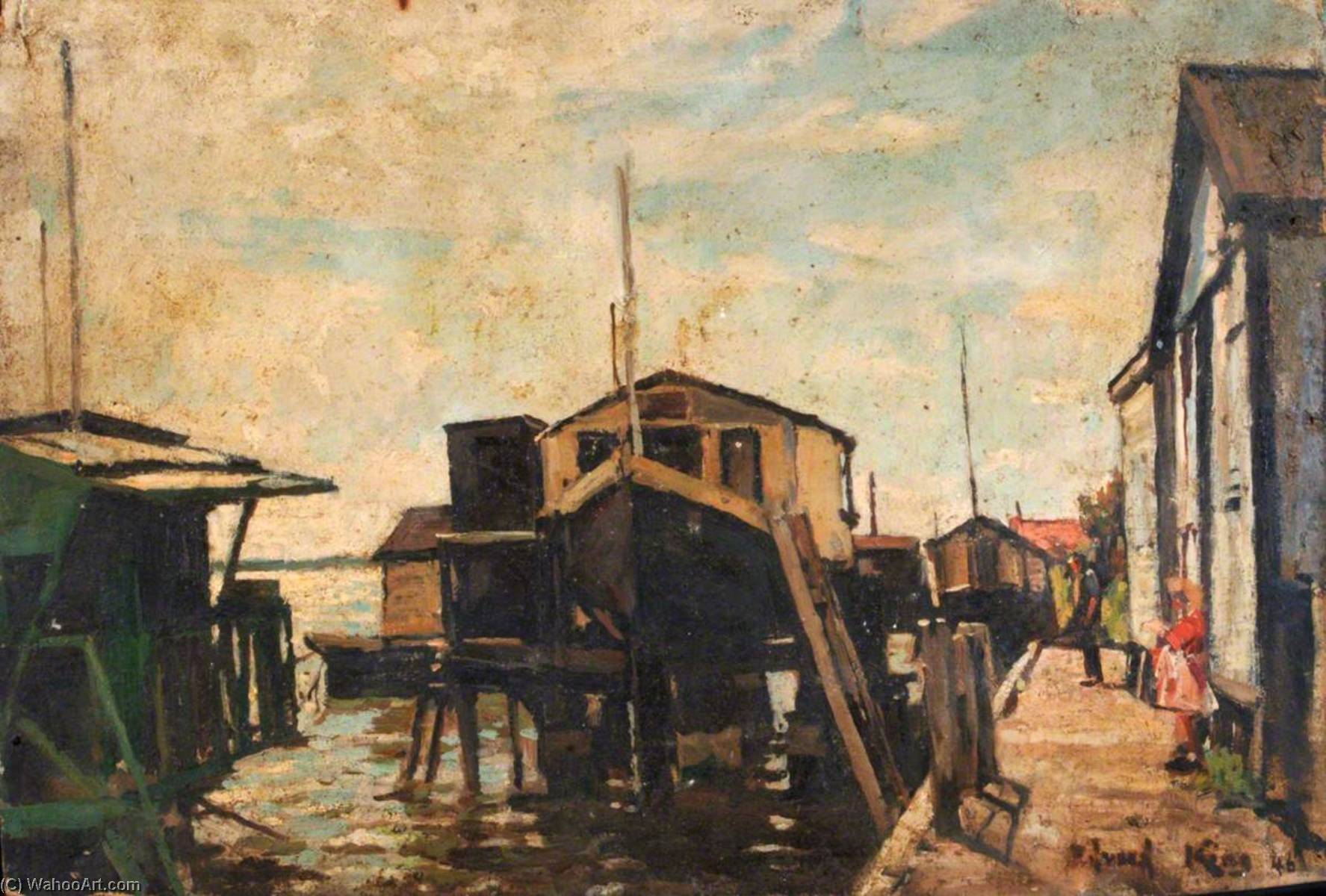 Houseboats At Milton Alongside A Quay With A Girl In Red — Edward Robert King
