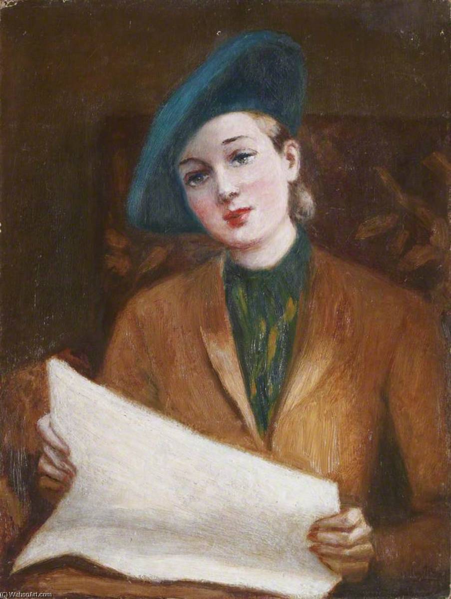 Portrait Of A Lady In A Blue Hat Reading A Newspaper — Georges Van Houten