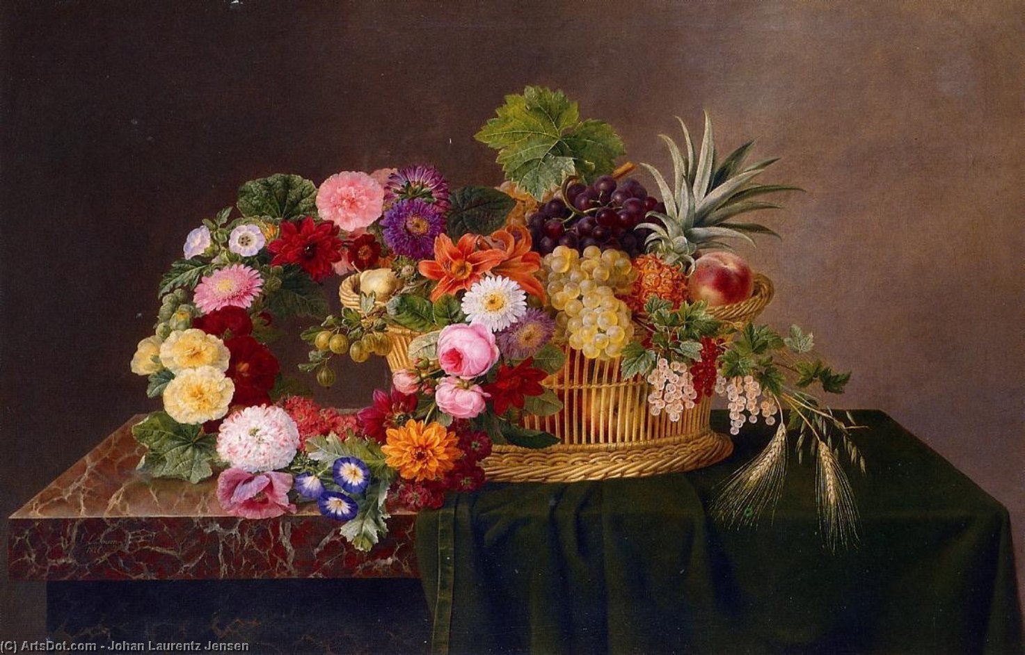Still Life With A Basket Of Fruit And A Wreath Of Asters, Dahlias, Day Lillies And Morning Glories — Johan Laurentz Jensen