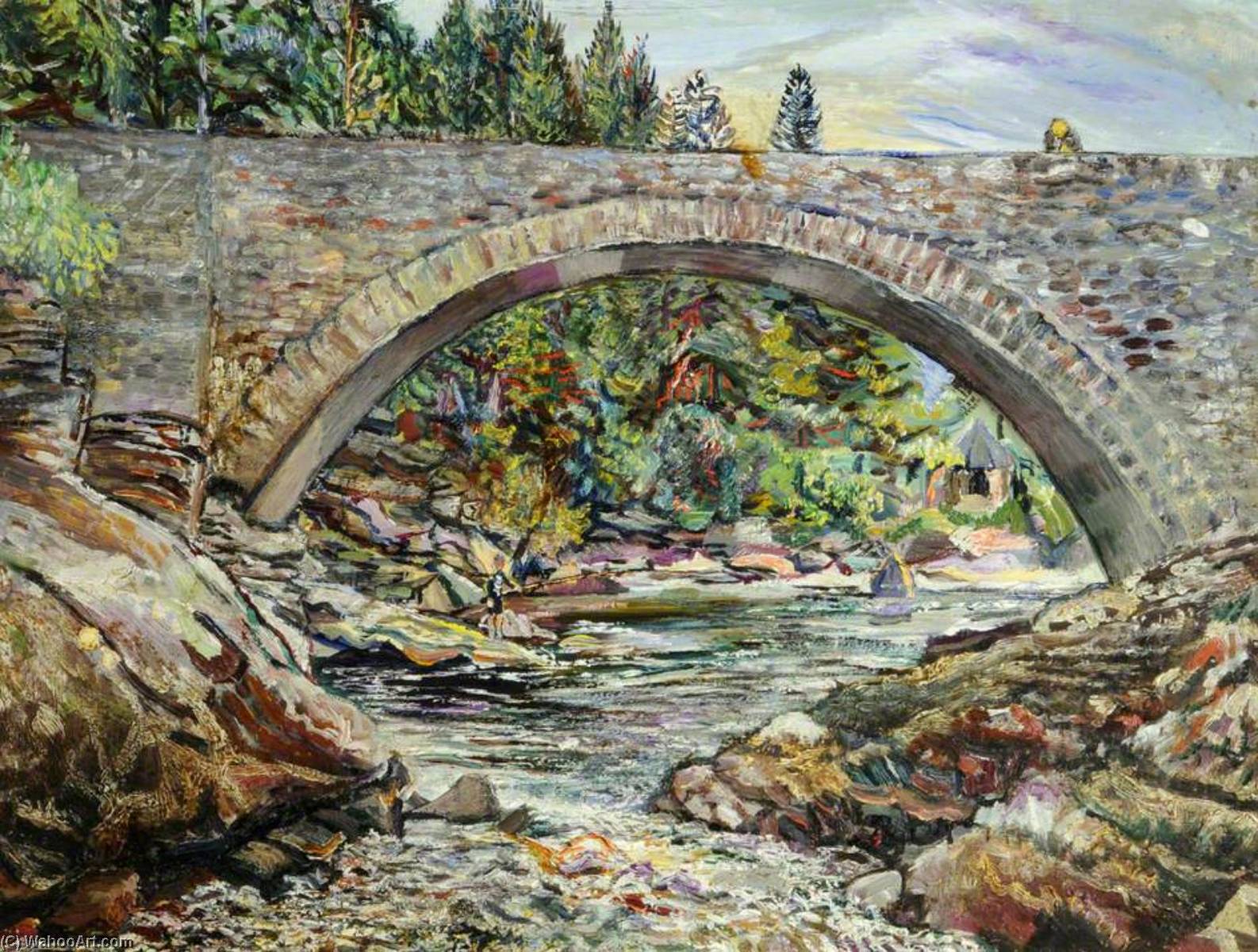 Falls Of Invermoriston, New Bridge, Scotland, With A. Egerton Cooper On The Bridge — Francis Ferdinand Maurice Cook