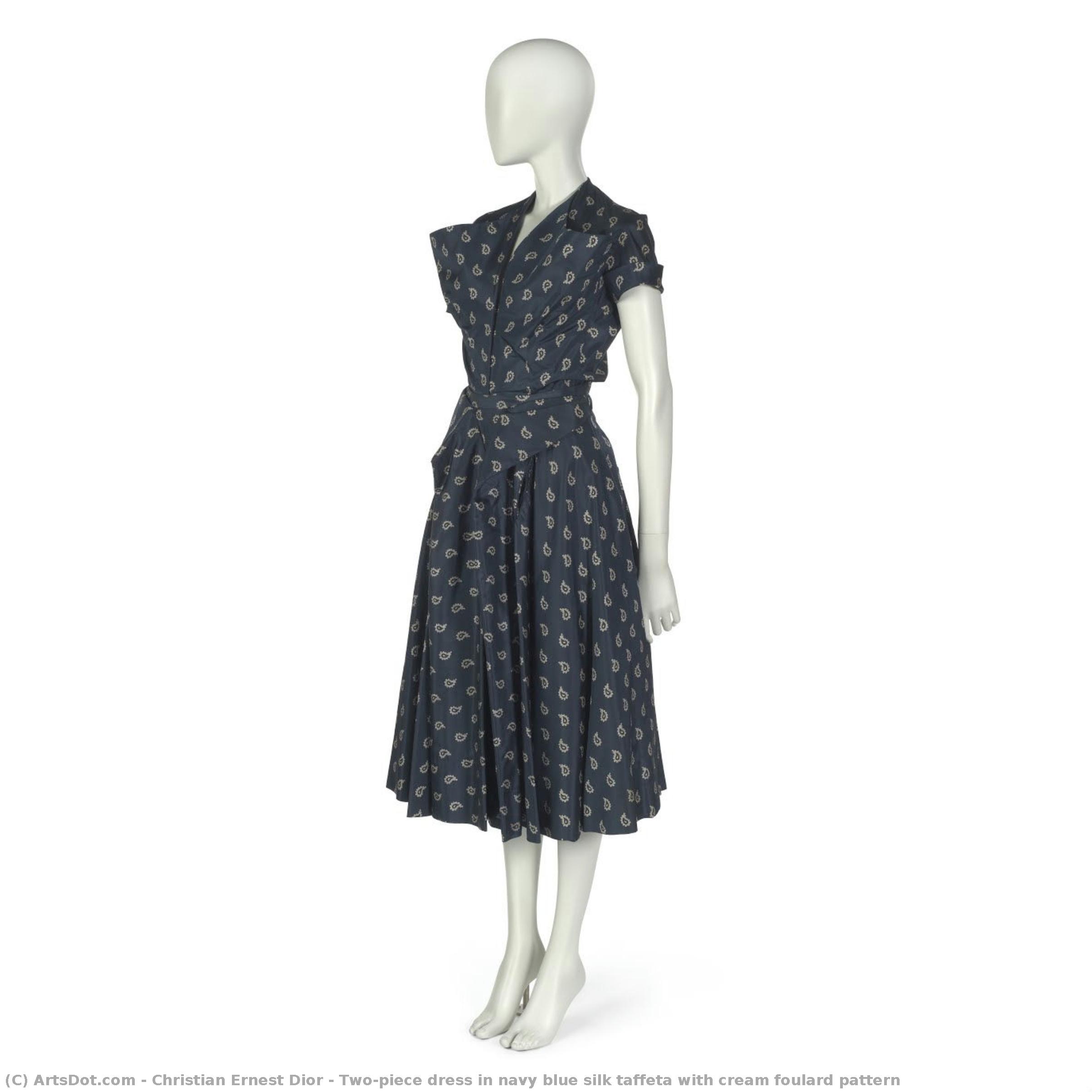 Two-piece Dress In Navy Blue Silk Taffeta With Cream Foulard Pattern — Christian Ernest Dior