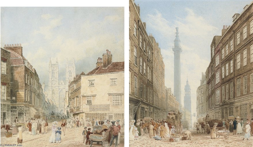 View Of Tothill Street With Westminster Abbey Beyond; And View Of Gracechurch Street With The Monument And The Church Of St. Magnus The Martyr Beyond — Frederick Nash