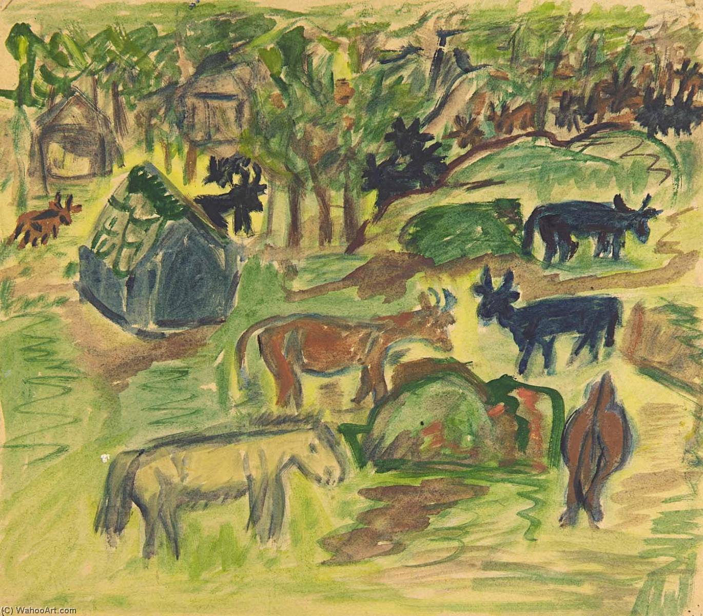 Pastoral Scene Animals, Cabins, Trees — Виљем Хенри Џонсон