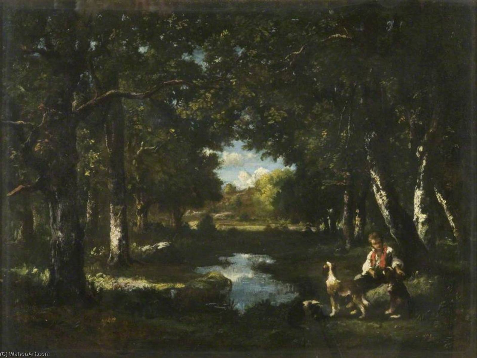 Man And Dog Resting In Forest Glade — Narcisso Díaz De La Peña