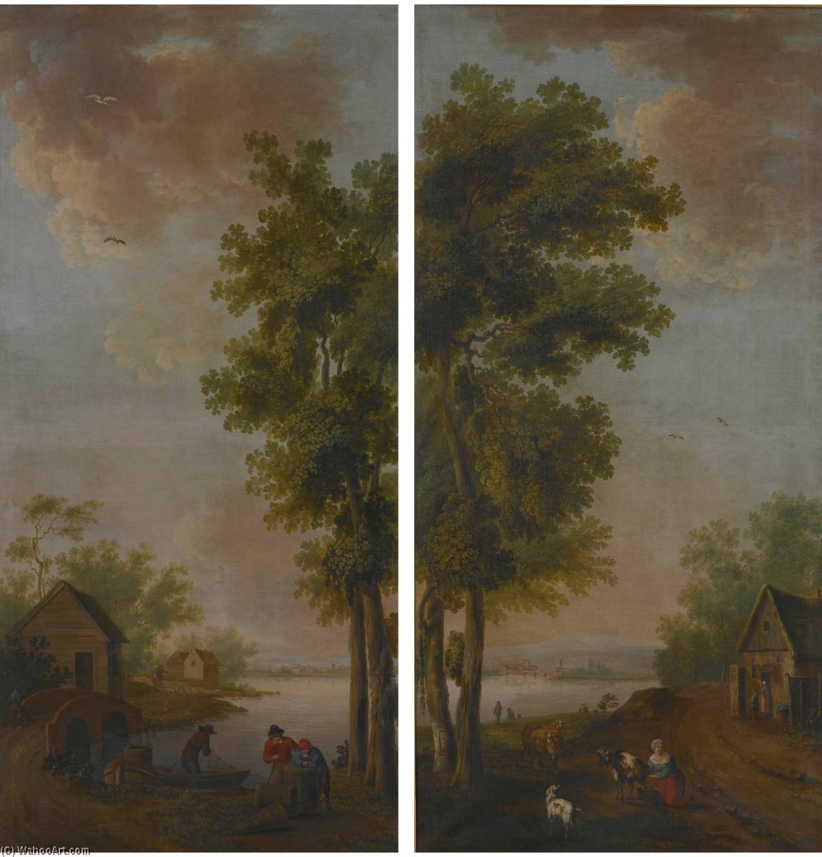 Villagers By The Water A Pair Of Paintings — Hendrik Willem Schweickhardt