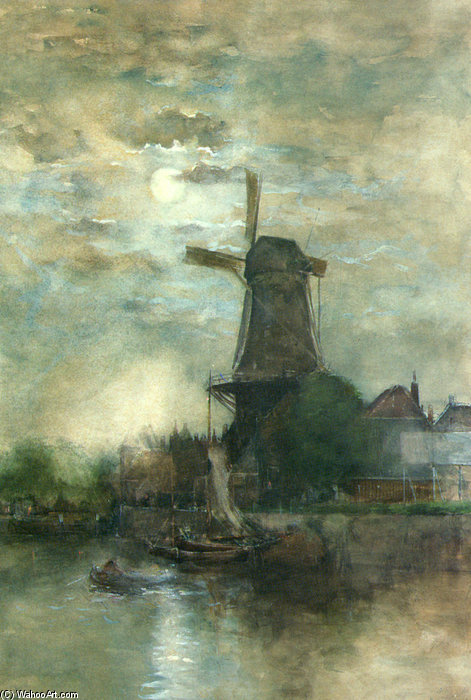 A Moonlit Windmill — Fredericus Jacobus Van Rossum Du Chattel
