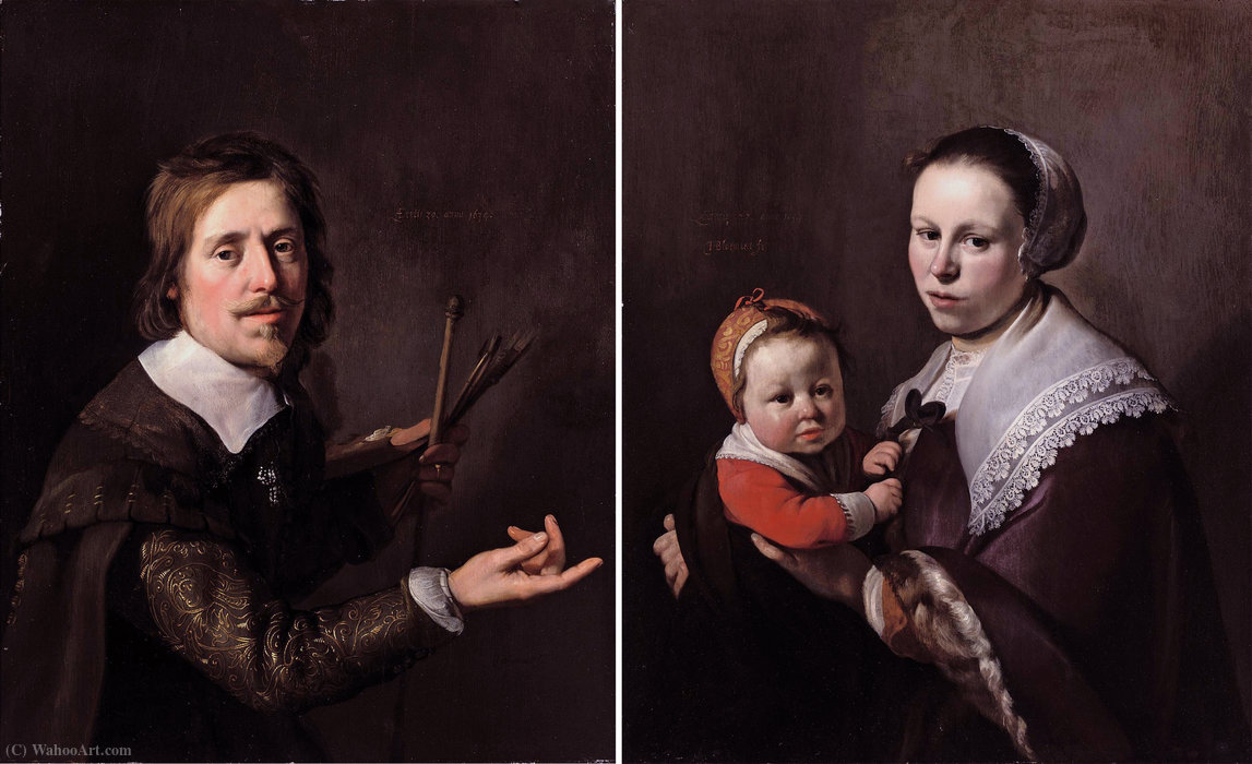 Gijsbert Gillisz De Hondecoutre, Holding A Palette And Brushes And His Wife Maria Hulstman, Holding A Child — Hendrick Bloemaert