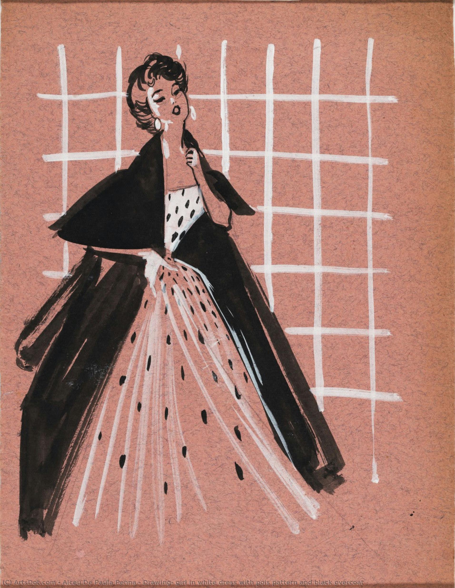 Drawing, Girl In White Dress With Pois Pattern And Black Overcoat — Alceu De Paula Penna
