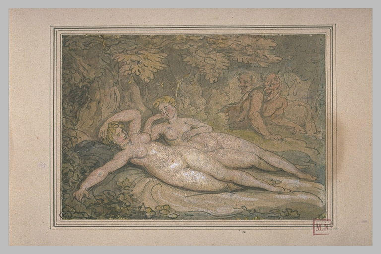 Two Nymphs Asleep, Watched By Two Satyrs — Thomas Rowlandson