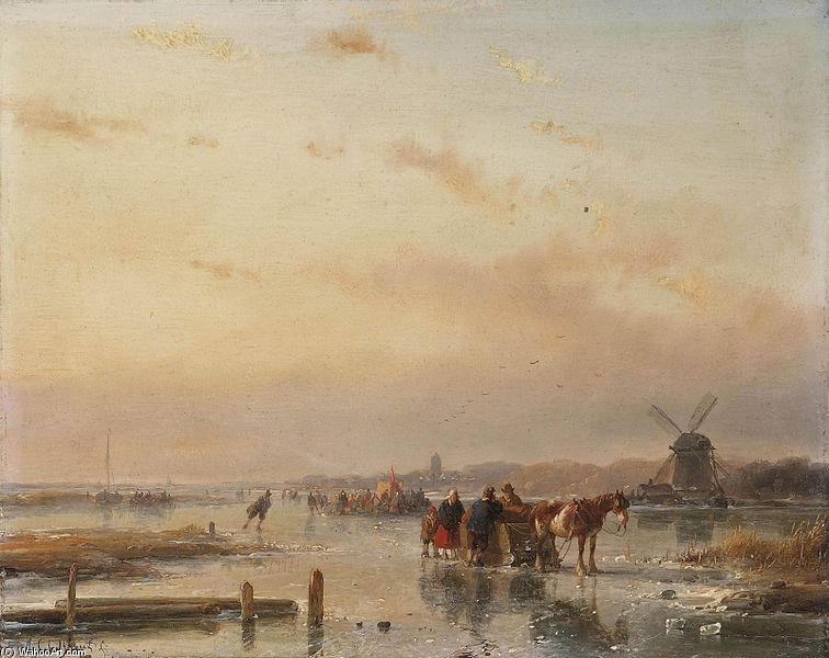 Collected On The Ice At The End Of A Winter Day — Andreas Schelfhout
