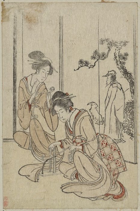 Junge Frau, Die Einen Cord Vor Einem Bildschirm Mit Dem Chinesischen Weisen Huang Shangping Flechtet — Katsushika Hokusai