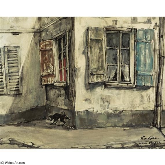 Scène De Rue Avec Chien Noir — Léonard Tsuguharu Foujita