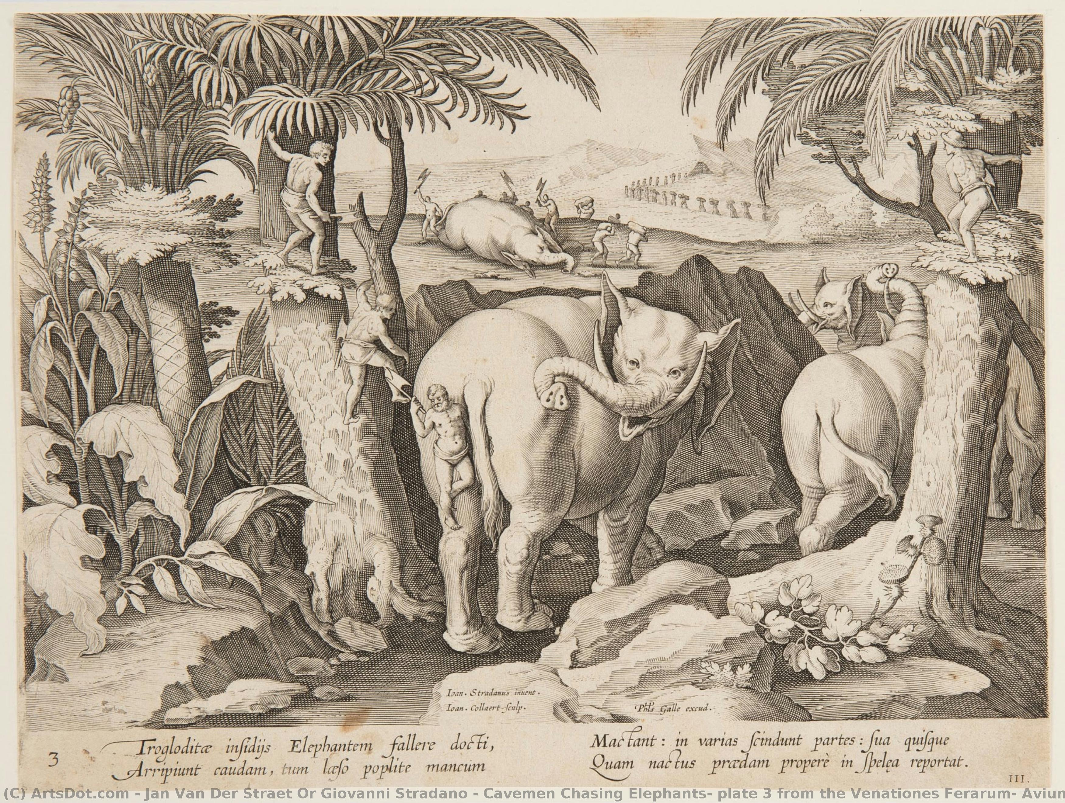 Cavemen Chasing Elephants, Plate 3 From The Venationes Ferarum, Avium, Piscium Series — Jan Van Der Straet Or Giovanni Stradano